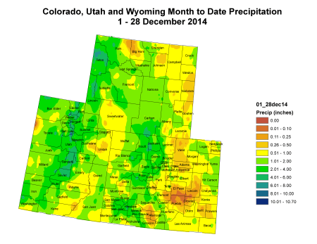 Upper Colorado River precipitation December 1 thru December 28, 2014