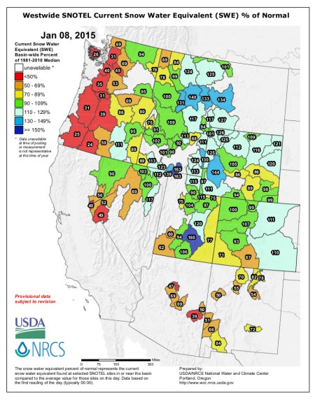Westwide SNOTEL snow water equivalent as a percent of normal January 8, 2015