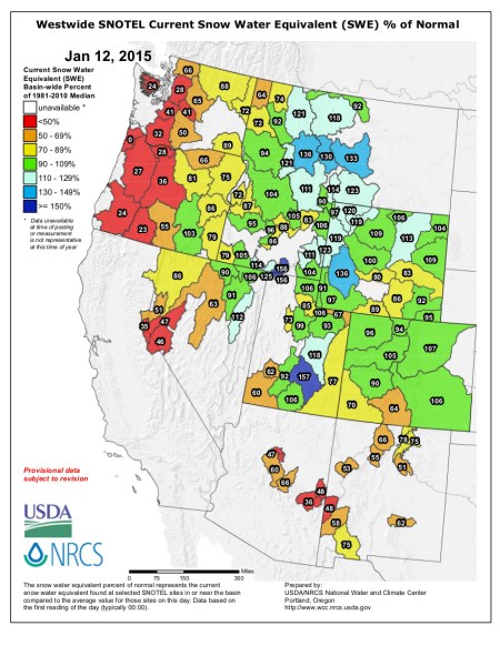 Westwide SNOTEL snow water equivalent as a percent of normal January 12, 2015