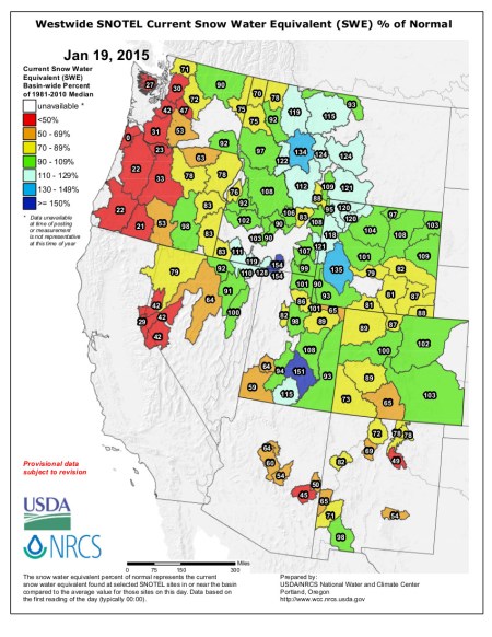 Westwide SNOTEL snow water equivalent as a percent of normal January 19, 2015 via the NRCS