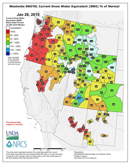 Westwide Snotel snow water equivalent as a percent of normal January 28, 2015