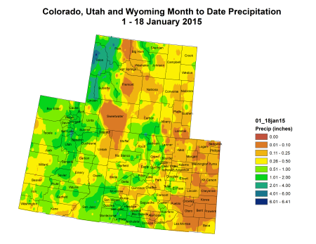 Upper Colorado River Basin  month to date precipitation January 18, 2015 via the Colorado Climate Center