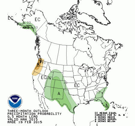 Three month precipitation outlook February 19 thru May 31, 2015 via the Climate Prediction Center