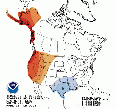 Temperature outlook February 19 thru May 31, 2015 via the Climate Prediction Center