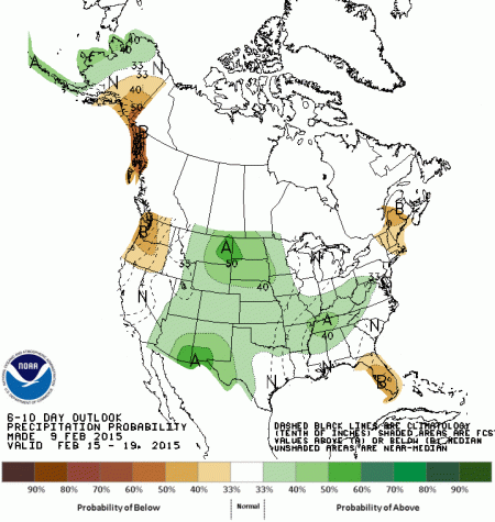 Precipitation forecast February 15 thru February 19, 2015 via the Climate Prediction Center