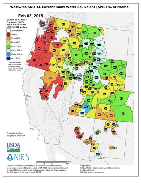 Westwide SNOTEL snow water equivalent as a percent of normal February 3, 2015 via the NRCS