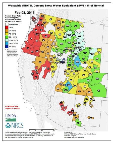 Westwide SNOTEL snow water equivalent as a percent of normal via the NRCS