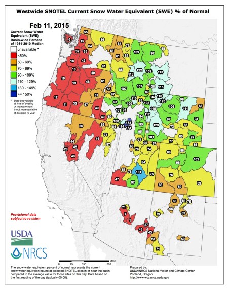 Westwide SNOTEL snow water equivalent as a percent of normal February 11, 2015 via the NRCS