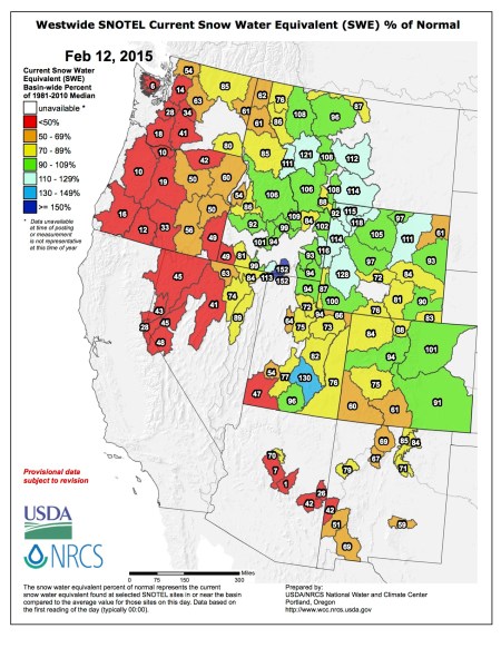 Westwide SNOTEL snow water equivalent as a percent of normal February 12, 2015 via the NRCS