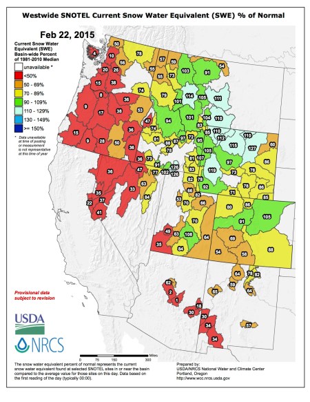 Westwide SNOTEL snow water equivalent as a percent of normal February 22, 2015