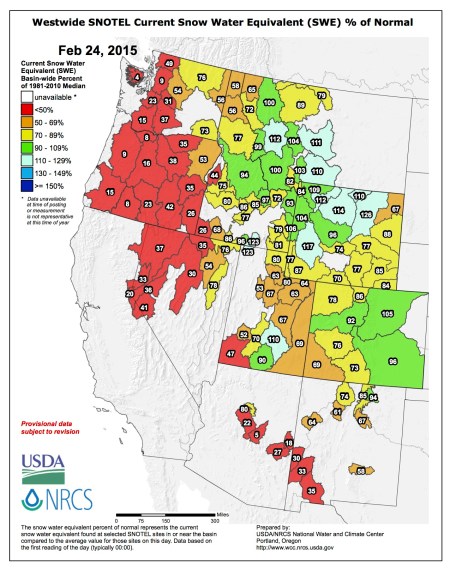 Westwide SNOTEL snow water equivalent as a percent of normal February 24, 2015 via the NRCS