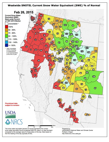 Westwide SNOTEL snow water equivalent as a percent of normal February 26, 2015