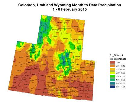 Upper  Colorado River Basin month to date precipitation February 1 thru February 8, 2015