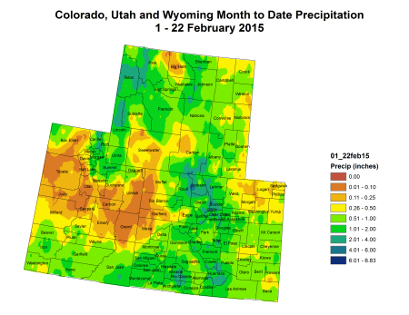 Upper Colorado River Basin February 1 thru 22, 2015 precipitation