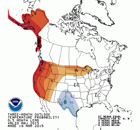 Spring Temperture Outlook March 19 thru June 30, 2015 via the Climate Prediction Center