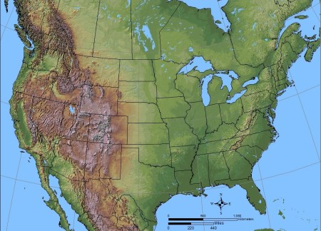 Shaded relief map of the US via Learner.org