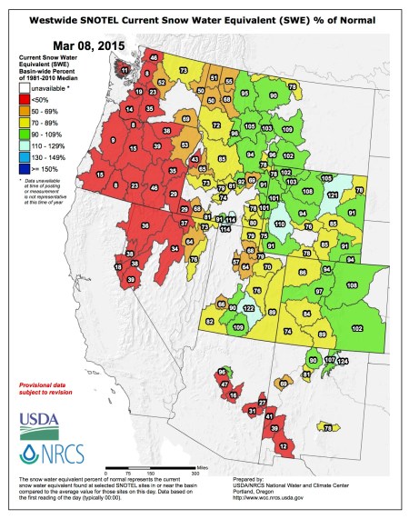 Westwide SNOTEL snow water equivalent as a percent of normal via the NRCS