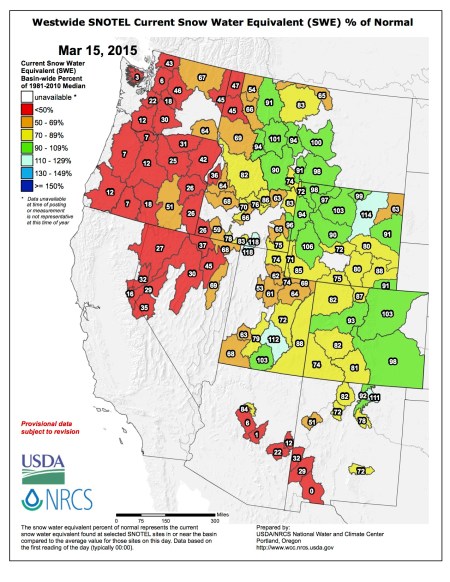 Westwide SNOTEL snow water equivalent as a percent of normal March 15, 2015