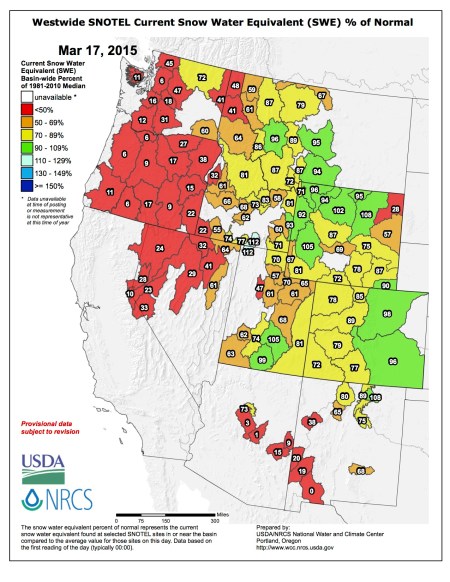 Westwide SNOTEL snow water equivalent as a percent of normal March 17, 2015