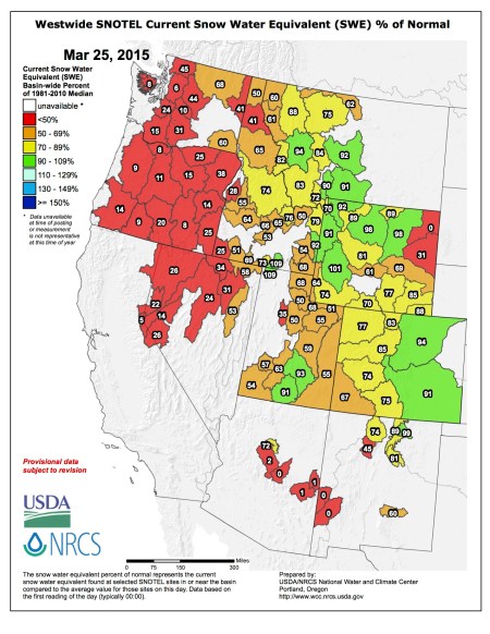 Westwide SNOTEL snow water equivalent as a percent of normal March 25, 2015 via the NRCS