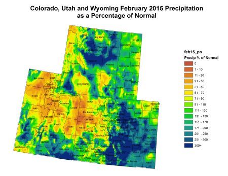 Upper Colorado River Basin February 2015 precipitation as a percent of normal