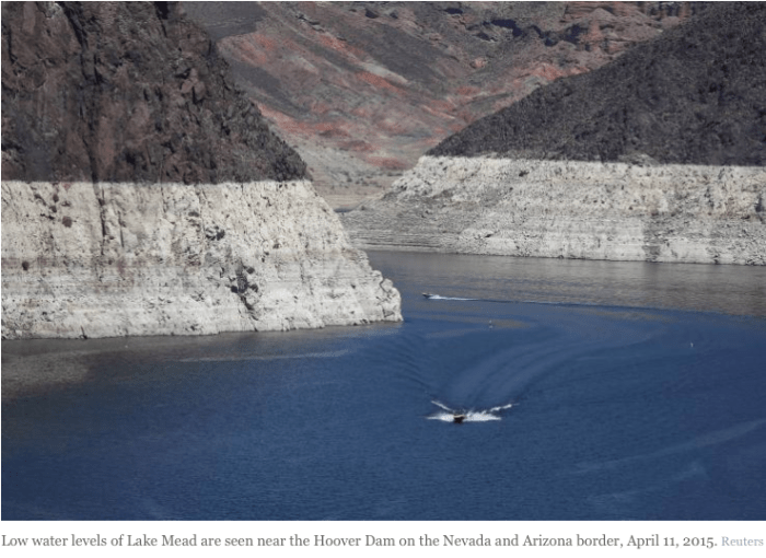 Low water levels of Lake Mead are seen near the Hoover Dam on the Nevada and Arizona border, April 11, 2015. Photo: Reuters