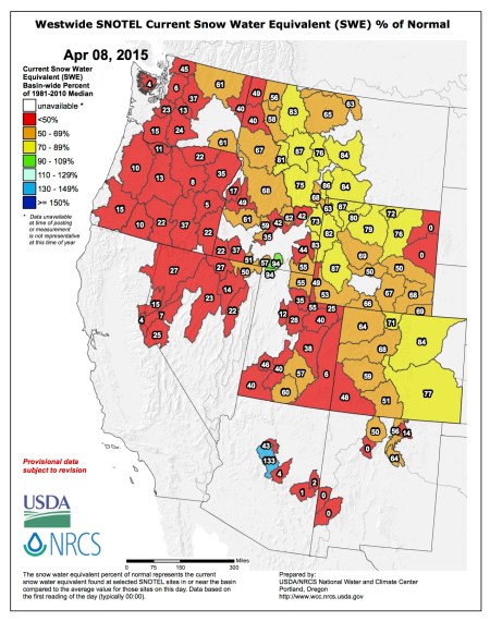 Westwide SNOTEL snow water equivalent as a percent of normal April 8, 2015 via the NRCS