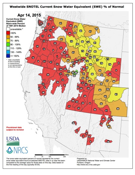 Westwide SNOTEL snow water equivalent as a percent of normal April 14, 2015 via the NRCS