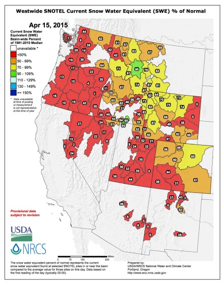 Westwide SNOTEL snow water equivalent as a percent of normal April 15, 2015