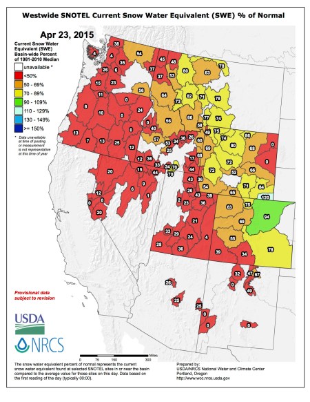 Westwide SNOTEL snow water equivalent as a percent of normal April 23, 2015