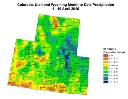 Upper Colorado River Basin precipitation April 1 thru April 19, 2015 via the Colorado Climate Center