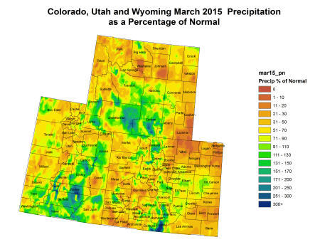 Upper Colorado River Basin March 2015 precipitation as a percent of normal via the Colorado Climate Center