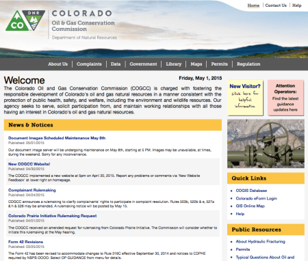Colorado Oil and Gas Conservation Commission website screen shot May 1, 2015