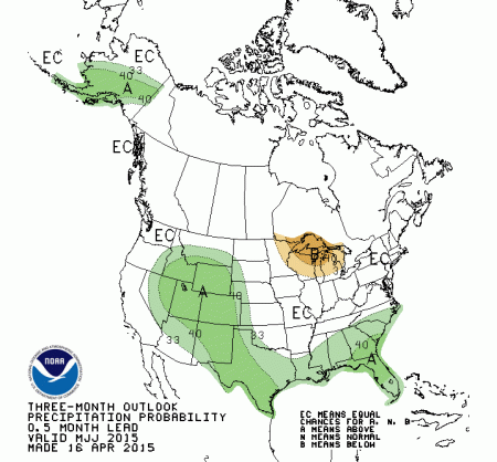 Three month precipitation outlook April 16 thru July 31, 2015 via the Climate Prediction Center