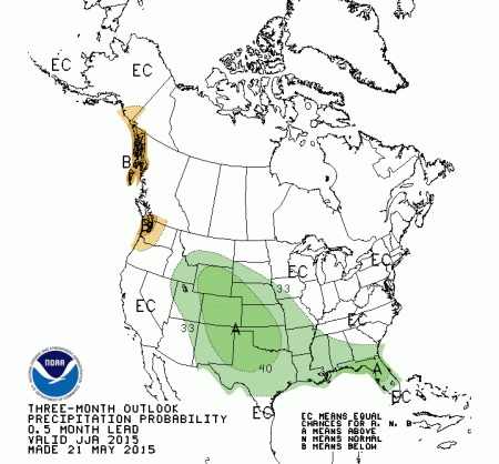 Precipitation Outlook May 21 thru August 31, 2015 via the Climate Prediction Center