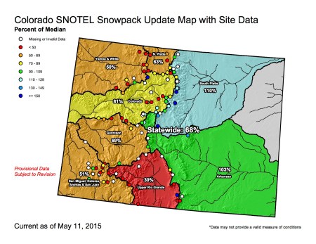 Statewide snowpack map May 11, 2015 via the NRCS