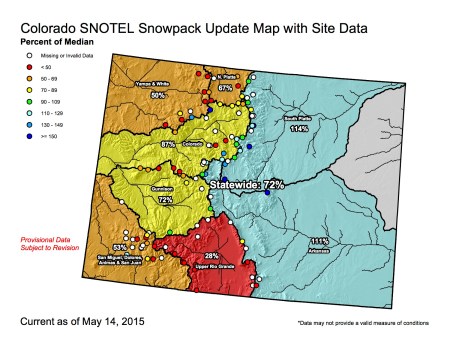 Statewide snowpack map May 14, 2015 via the NRCS