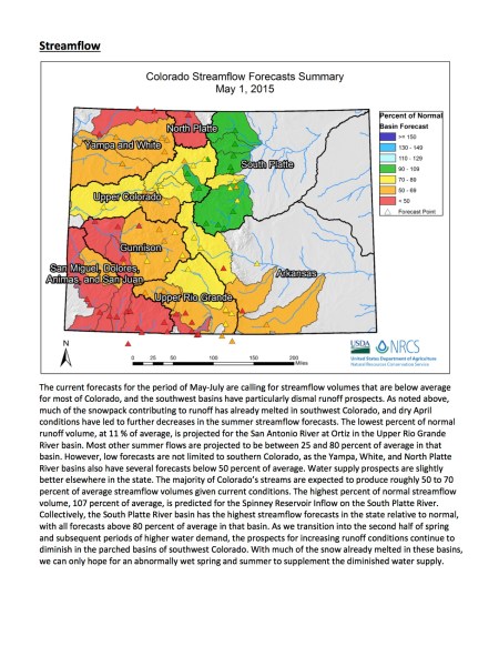 May 1, 2015 Colorado streamflow forecast map via the NRCS