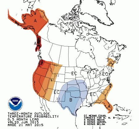 Temperature Outlook May 21 thru August 31, 2015 via the Climate Prediction Center