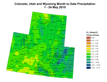 Upper Colorado River Basin month to date precipitation May 1 thru May 24, 2015