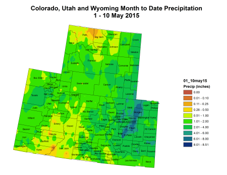 Upper Colorado River Basin month to date precipitation May 1 thru May 10, 2015