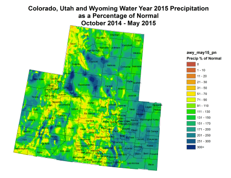 Federal Water Year precipitation as a percent of normal thru May 31, 2015