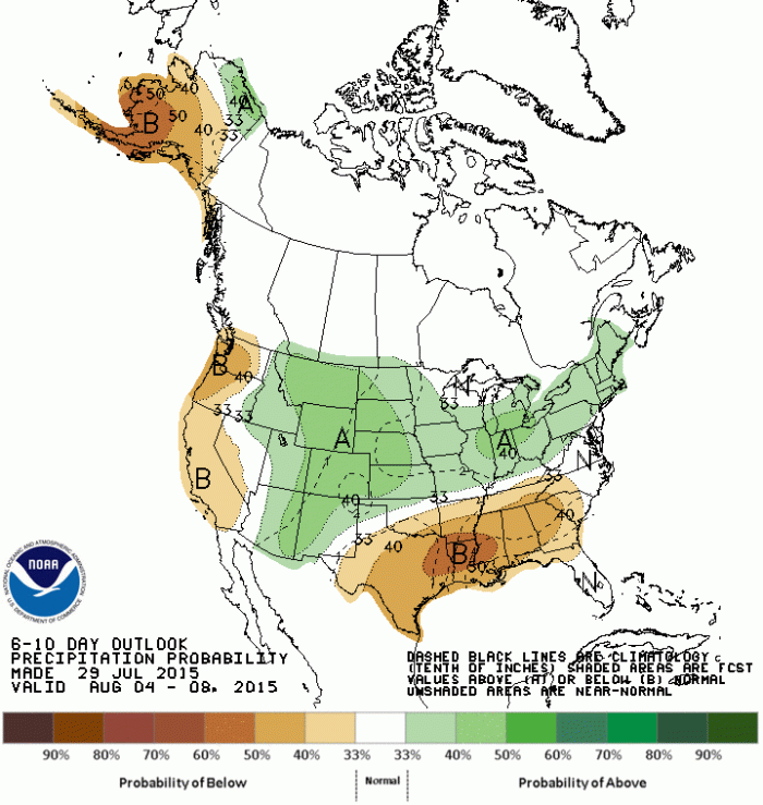 August 4 thru August 9 precipitation probability outlook via the Climate Prediction Center