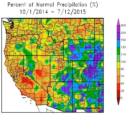 Federal Water Year Precipitation as a percent of normal October 1, 2015 thru July 12, 2015