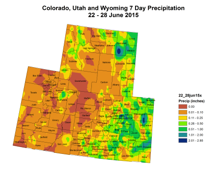 Upper Colorado River Basin  June 22 thru June 28, 2015 7-day precipitation