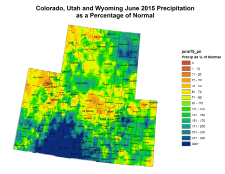 Upper Colorado River Basin precipitation as a percent of normal June 2015 via the Colorado Climate Center