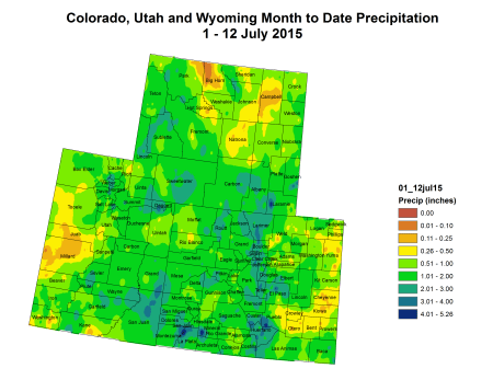 Upper Colorado River Basin month to date precipitation July 1 thru July 12, 2015 via the Colorado Climate Center