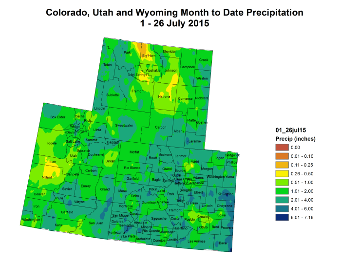 Upper Colorado River Basin  month to date precipitation July 1 through July 26, 2015