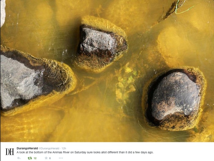 Bottom of Animas River at Durango August 8, 2015 via Twitter and The Durango Herald