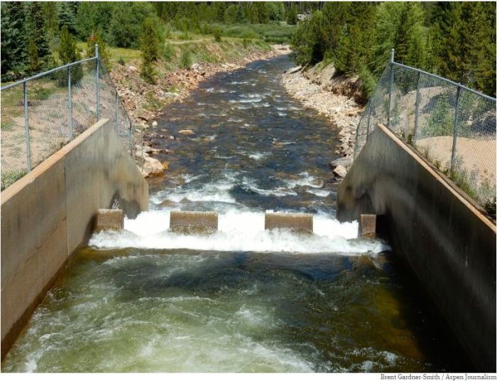 The outfall of the Bousted Tunnel, which delivers water from the Roaring Fork and Fryingpan rivers to the East Slope.